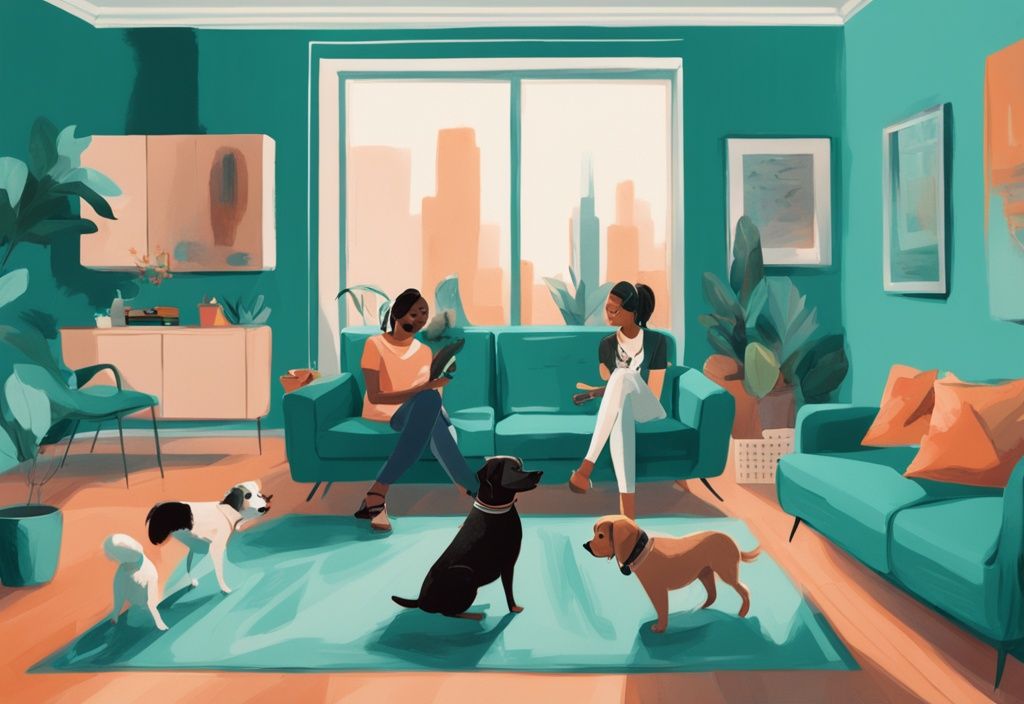 Moderne digitale Illustration einer vielfältigen Gruppe kleiner bis mittelgroßer Hunde in einer stilvollen, modernen Wohnung mit fröhlichem Anfängerbesitzer, der glücklich mit ihnen interagiert, Hauptfarbthema ist Türkis.