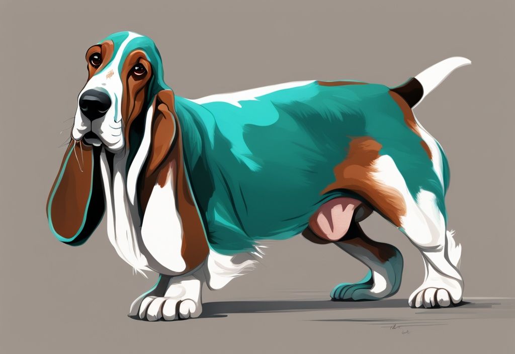 Moderne digitale Malerei eines Basset Hounds in lebensechter Darstellung mit langen Schlappohren, kurzen Beinen und knubbeligen Pfoten, vorwiegend in der Farbe Türkis, die seine sanfte, freundliche und entspannte Natur zeigt.