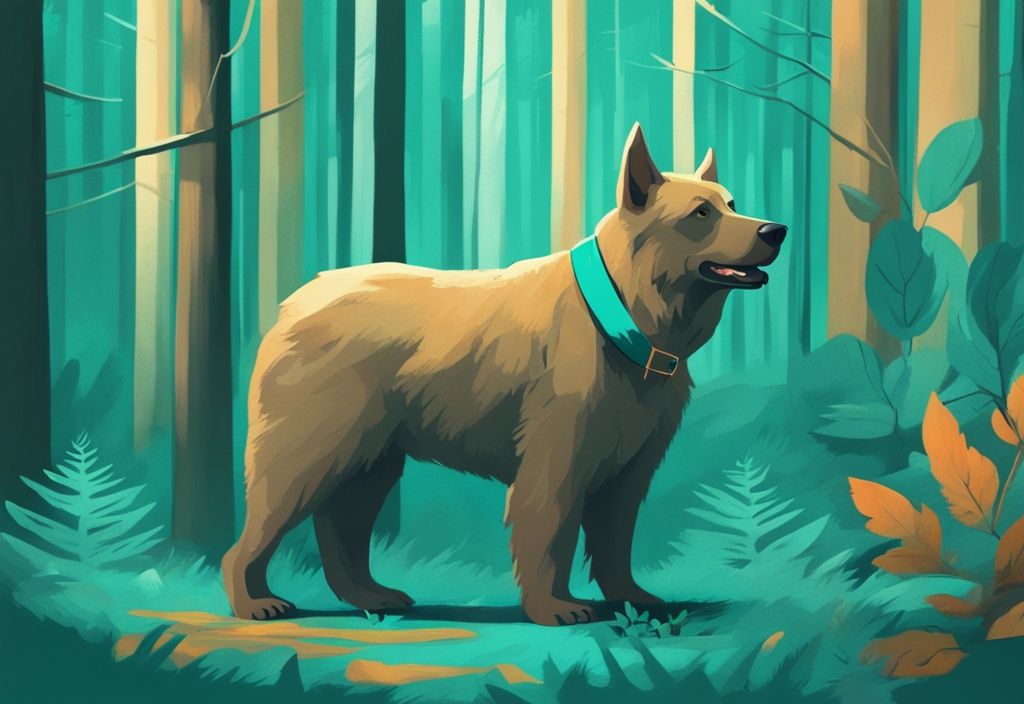 Moderne digitale Malerei eines germanischen Bärenhundes in einem üppigen Wald mit einem auffälligen Preisschild am Halsband.