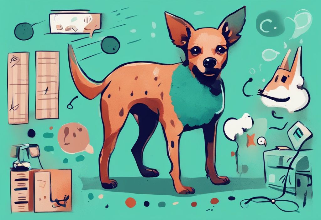 Kleiner Hund in digitaler Illustration, bellt mit Gedankenblase voller Symbole für Aufmerksamkeit, Aufregung, Langeweile und Angst, Hauptfarbe Teal