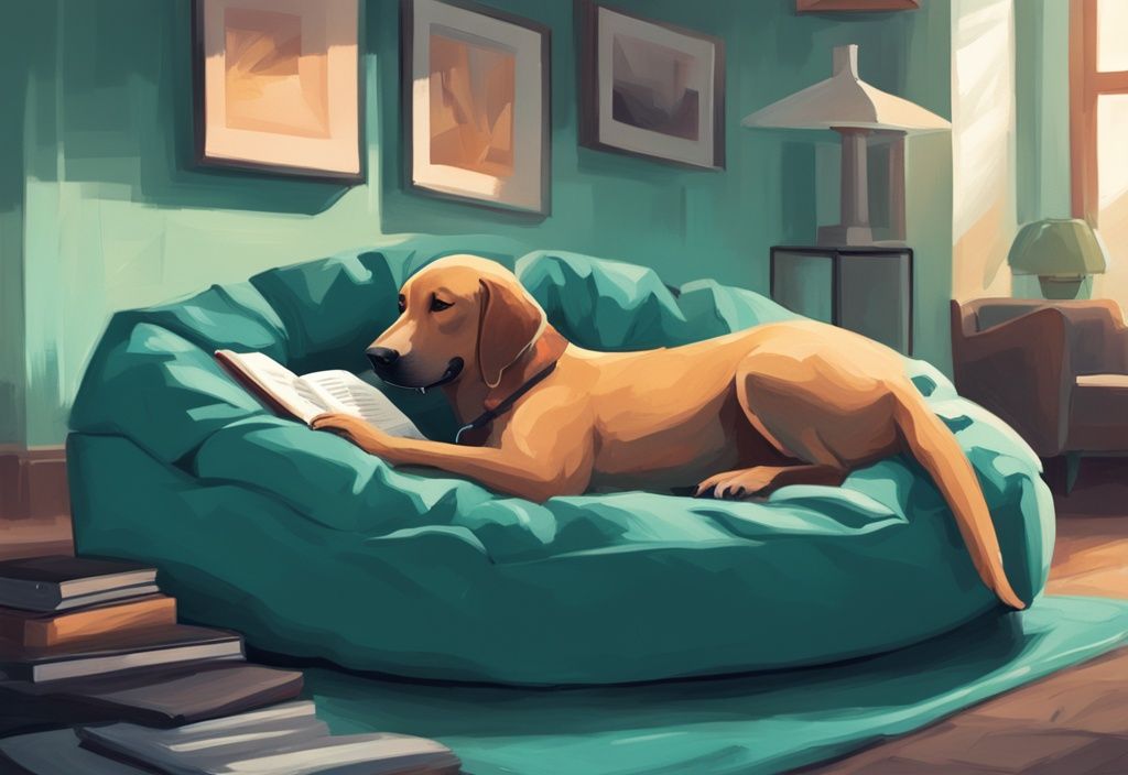 Moderne digitale Malerei mit einem großen, bequemen Hundebett in Teal, in dem ein Mensch glücklich ein Buch liest.