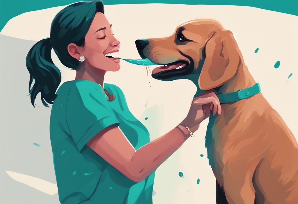 Freundlicher Hund leckt Hand einer lächelnden Person, moderne digitale Malerei in Teal-Tönen