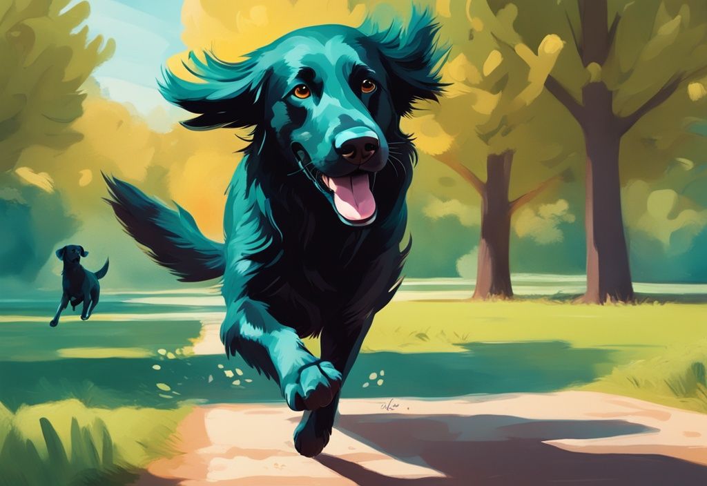 Ein Flat-Coated Retriever spielt freudig mit einem Frisbee in einem sonnigen Park, digitale Malerei in Teal.