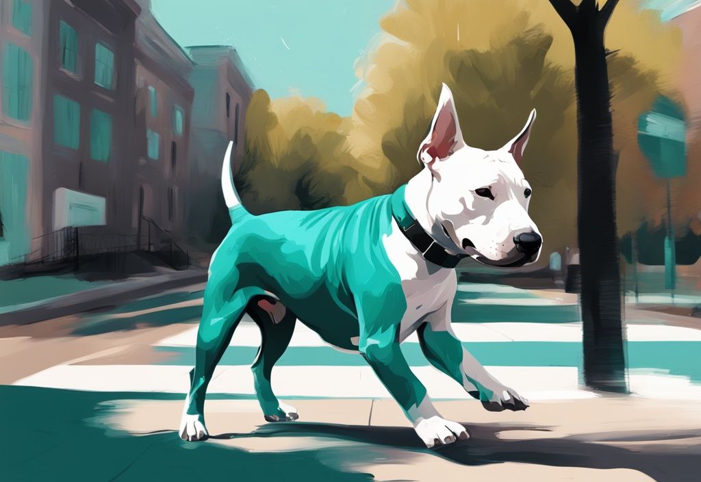 Spielerischer American Bull Terrier im Stadtpark, moderne digitale Malerei, Hauptfarbe Teal