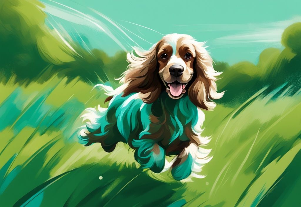 Amerikanischer Cocker Spaniel läuft spielerisch durch ein üppiges grünes Feld, mit wehendem, langem Fell, modernes digitales Gemälde in Teal.