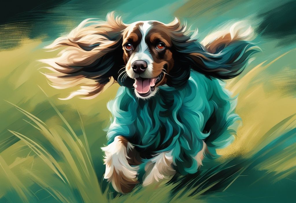 Moderne digitale Malerei eines spielerischen American Cocker Spaniels, der auf einem grünen Feld rennt, mit wehendem, seidigem Fell; Hauptfarbthema: Türkis.