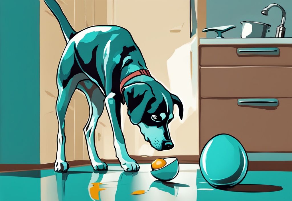 Ein neugieriger Hund schnüffelt an einem aufgeschlagenen rohen Ei auf dem Küchenboden, moderne digitale Malerei in Teal-Farben – dürfen Hunde rohe Eier essen.