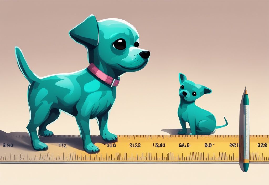 Moderne digitale Malerei mit einem winzigen Hund der kleinsten Hunderasse der Welt, spielerisch neben einem Lineal stehend, in der Hauptfarbthematik Teal.