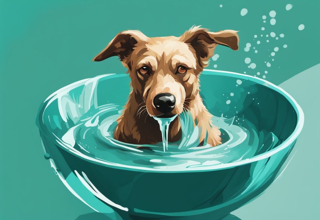 Moderner digitaler Gemälde-Illustration eines durstigen Hundes, der begeistert Wasser aus einer großen Schüssel trinkt, mit Hauptfarbthema in Türkis.