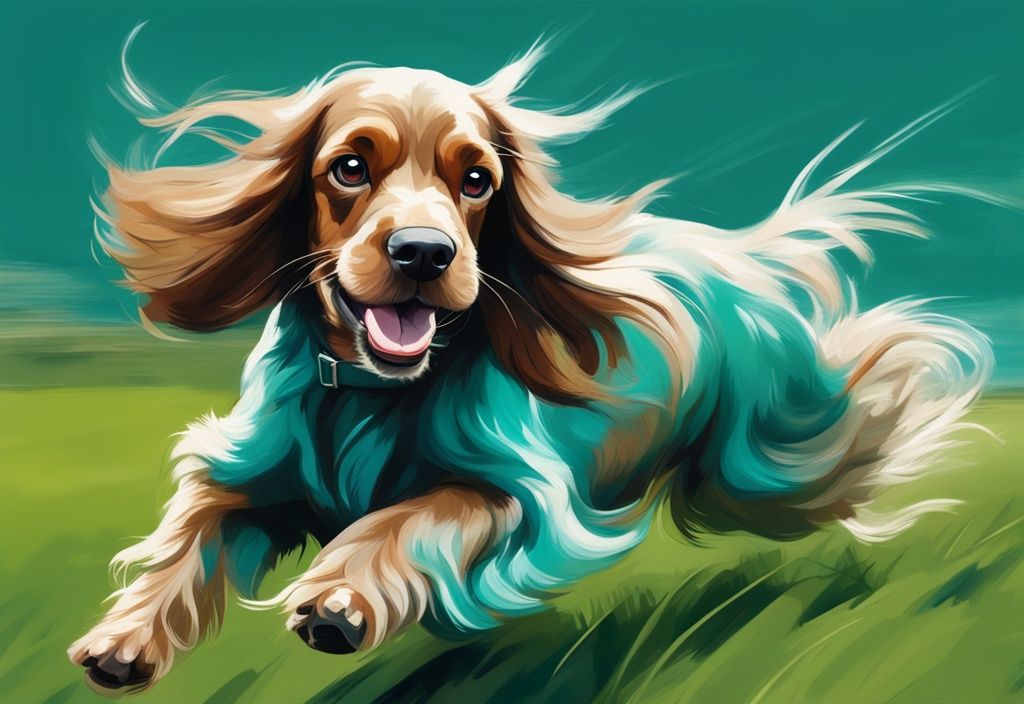 Moderner digitaler Gemälde-Illustration: Verspielter Amerikanischer Cocker Spaniel rennt auf einer grünen Wiese, sein langes, seidiges Fell weht im Wind, Hauptfarbthema ist Türkis.