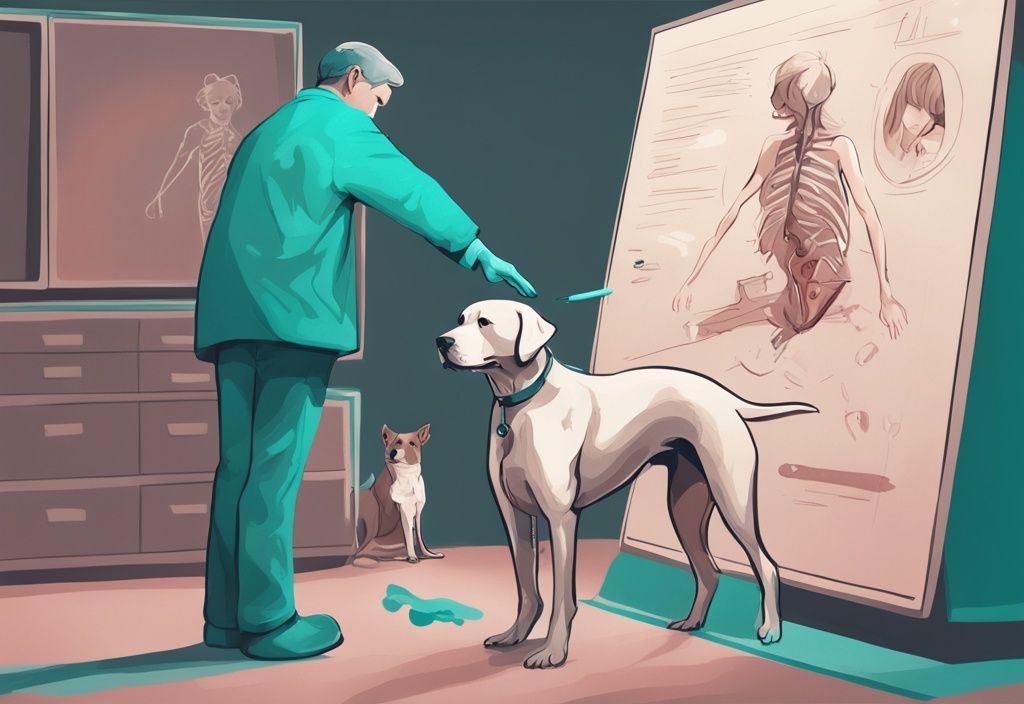 Moderne digitale Illustration mit einem besorgten Hundehalter, der seinen Hund hält, während der Tierarzt auf ein anatomisches Diagramm des Hundes mit Fokus auf den Analdrüsenbereich zeigt, Hauptfarbthema ist Türkis.