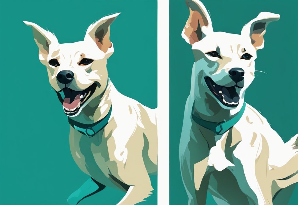 Moderne digitale Malerei mit Teal-Farbthema: Ein Hund mit auffälligem Hinken im ersten Bild und derselbe Hund, der im zweiten Bild freudig ohne Beschwerden läuft.