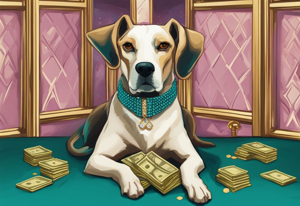 Moderner digitaler Gemälde-Illustration: Ein königlich aussehender Hund mit einem diamantbesetzten Halsband und Leine steht stolz auf einem luxuriösen Samtkissen, im Hintergrund Goldbarren und Geldstapel, Hauptfarbthema ist Türkis.