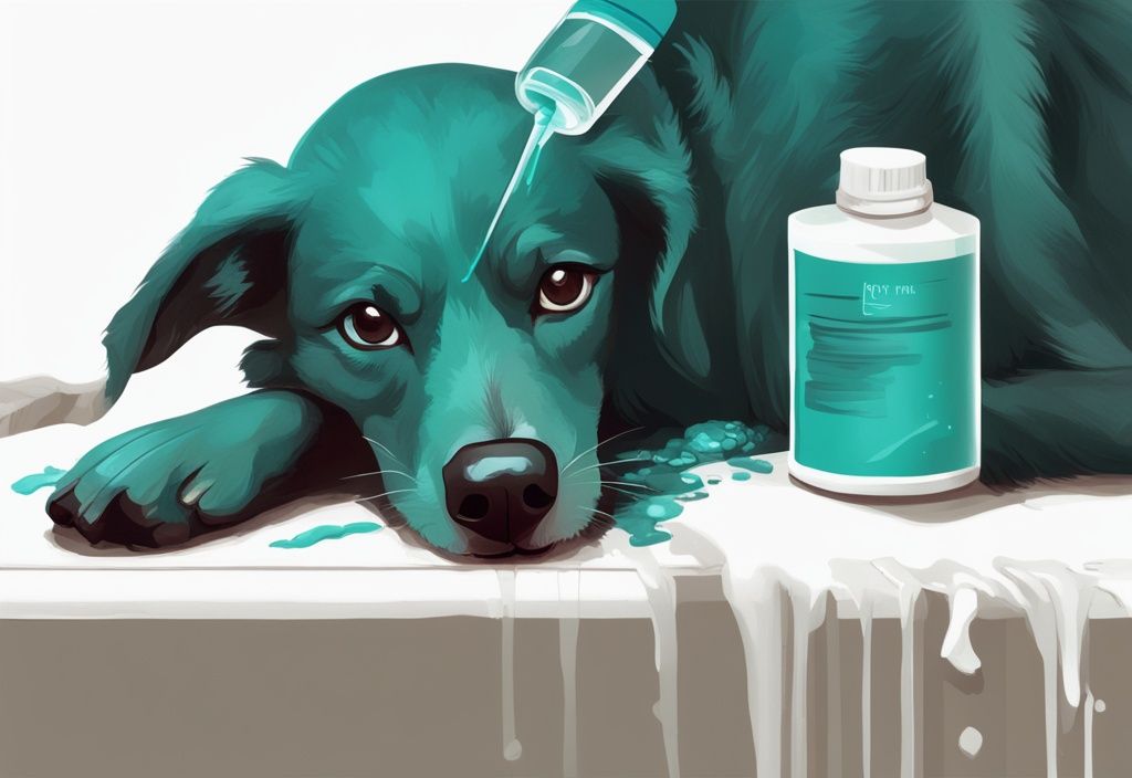 Nahaufnahme eines Hundes, der mit einer modernen digitalen Illustration in Teal behandelt wird, um zu zeigen, was tötet Milben beim Hund, während die Lösung auf die Haut aufgetragen wird und die Milben sichtbar absterben.