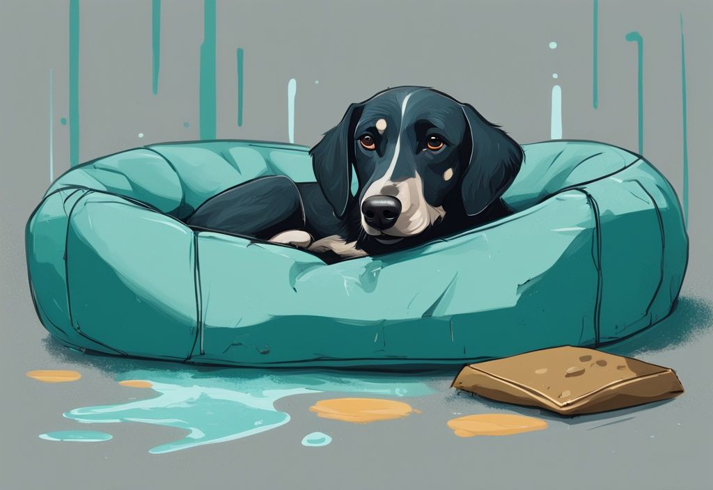 Moderner digitaler Gemälde-Illustration eines besorgt aussehenden Hundes auf einem Hundebett mit einer kleinen Urinpfütze darunter, Hauptfarbthema Teal.