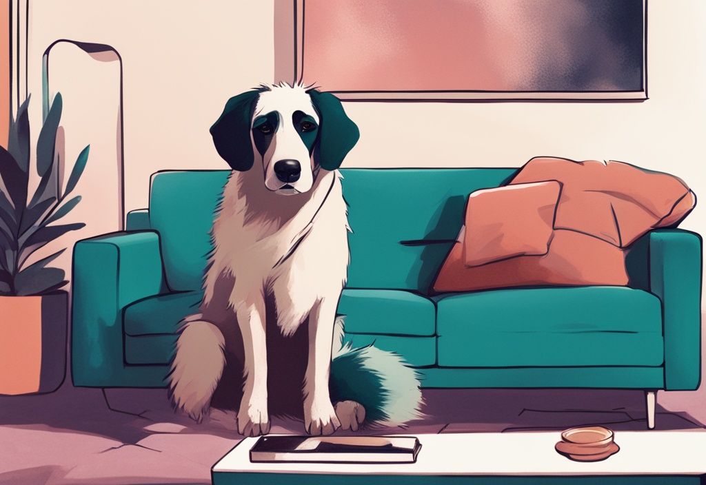 Moderner digitaler Gemälde-Illustration eines Hundes mit dickem Fell, der auf einem Sofa sitzt, umgeben von auffälligen Mengen an losem Fell, Hauptfarbthema ist Türkis, Hund haart extrem.