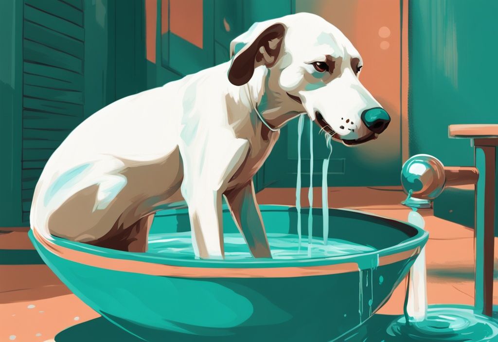 Moderner digitaler Gemälde-Illustration eines durstigen Hundes, der begeistert Wasser aus einer großen Schüssel trinkt, Hauptfarbthema ist Türkis.