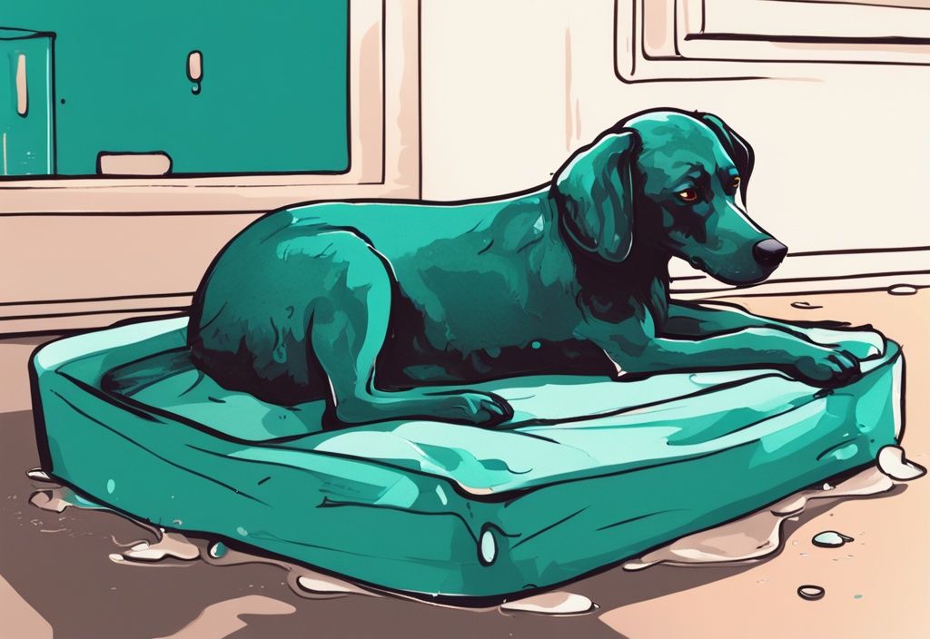 Digitale Malerei eines modernen Hundes in Teal-Farbtönen, gestresster Hund liegt auf Hundebett mit kleiner Urinpfütze darunter.